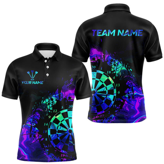 Maxcorners Blue Holographic Dartboard Grunge Darts Polo Shirts For Men Custom Name For Darters LM2602