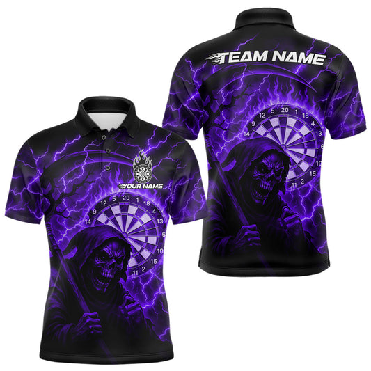 Maxcorners Custom Lightning Purple Grim Heaper Men Dart Polo Shirt Flames Dart Tournament Jersey