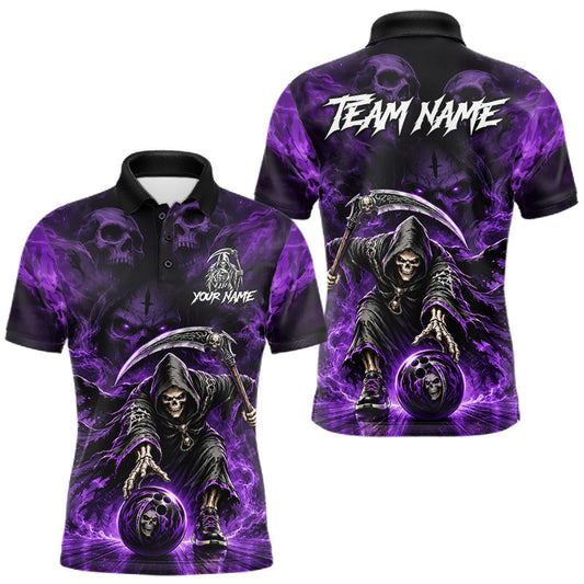 Maxcorners Black And Purple Flame Grim Reaper Custom Skull Mens Bowling Shirt Team Outfit For Bowlers
