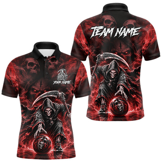 Maxcorners Black And Red Flame Grim Reaper Custom Skull Mens Bowling Shirt Team Outfit For Bowlers