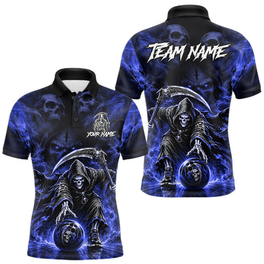 Maxcorners Black And Blue Flame Grim Reaper Custom Skull Mens Bowling Shirt Team Outfit For Bowlers