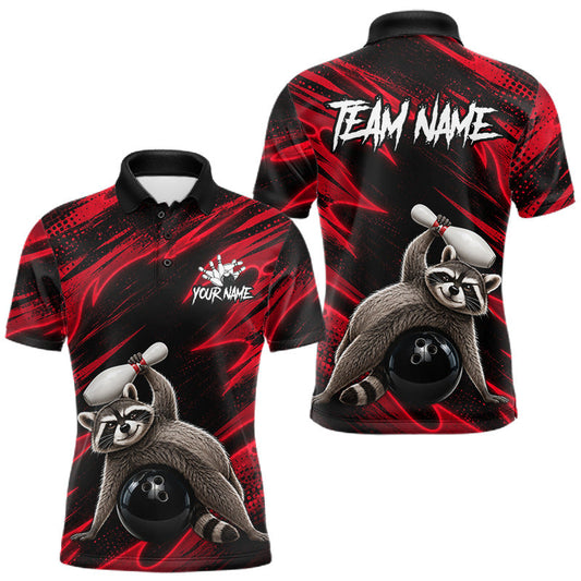 Maxcorners Neon Red Funny Raccoon Bowling Mens Polo Quarter-Zip Shirts, Custom Name Bowling Team Jersey