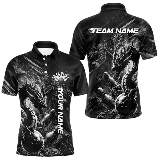 Maxcorners Black & White Grunge Dragon Mens Bowling Shirt Personalized Bowling Ball & Pins Team Shirt