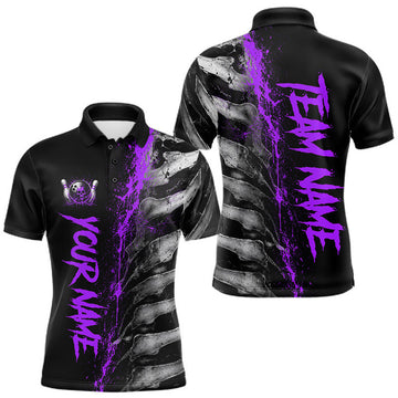 Maxcorners Purple Splatter & Grey Bone Mens Bowling Polo Quarter Zip Shirts Custom Team Bowling Tournament Jerseys LM2607