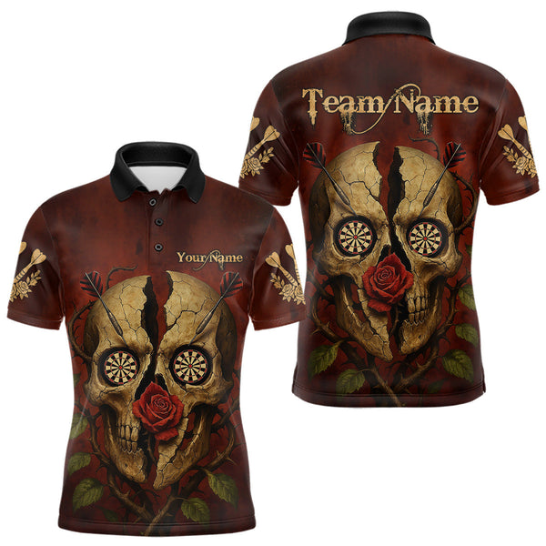 Maxcorners Custom Red Roses Cracked Skull Halloween Dart Polo Shirt For Men Grunge Dart Team Jersey LM1809
