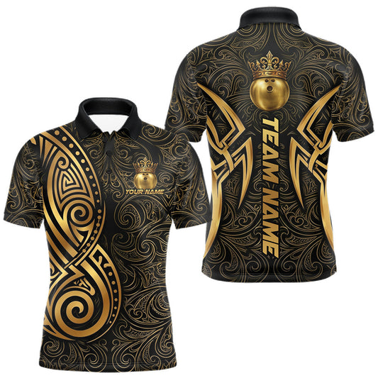 Maxcorners Black And Gold Crown Bowling Ball Polo & 1/4-Zip Shirts For Men Custom Tribal Bowling Team Jerseys LM2704