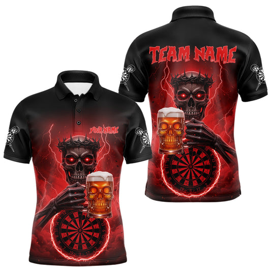 Maxcorners Custom Funny Skull And Beer Lightning Red Dartboard Dart Men Polo Jerseys Dart Team Shirts