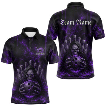 Maxcorners Custom Thunder Grim Reaper Men Bowling Shirts Skull Bowling Team Jerseys Bowling League | Purple LM2607