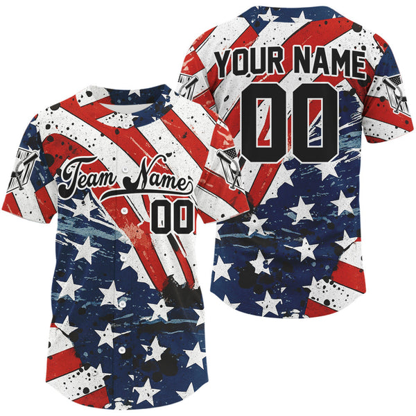 Maxcorners Custom Red And Blue Patriotic Baseball Shirt For Men Outfits US Flag Baseball Jerseys LM2509