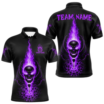 Maxcorners Skeleton Fire Flame Dartboard Custom Mens Polo Dart Shirt Purple Skull Dart Jerseys LM2603