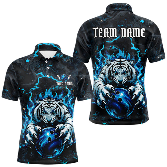 Maxcorners Black & Blue Flame Tiger Bowling Ball Shirt For Men Custom Polo 1/4-Zip Funny Bowling Team Jersey LM2806