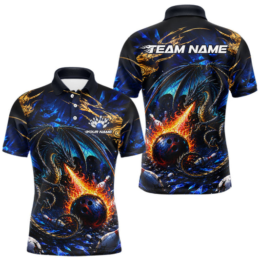 Maxcorners Blue And Gold Dragon Bowling Shirt For Men Custom Fire Flame Polo 1/4-Zip Bowling Team Jersey LM0607