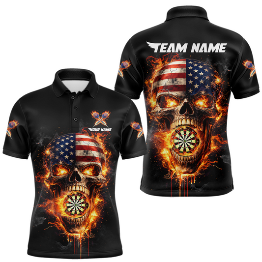 Maxcorners Personalized US Flag Skull Fire Flame Dartboard Men Darts Polo Shirt Custom Darts Team Jersey