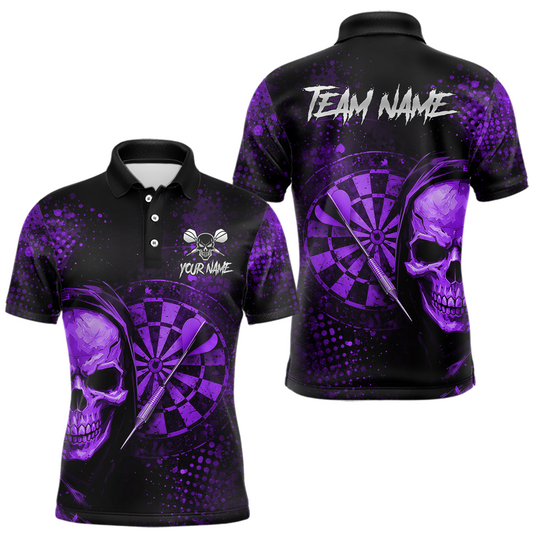 Maxcorners Purple Grunge Skull Dartboard & Arrow Men Darts Polo Shirt Personalized Darts Team Jerseys