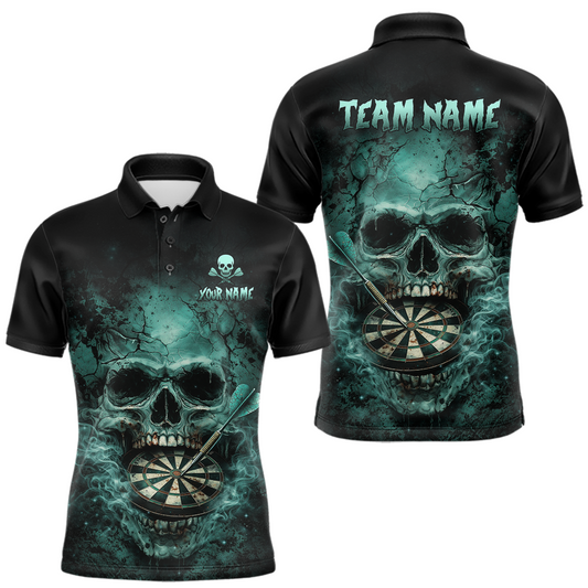 Maxcorners Cracked Grunge Teal Smokes Skull Dartboard Men Darts Polo Shirt Personalized Darts Team Jerseys