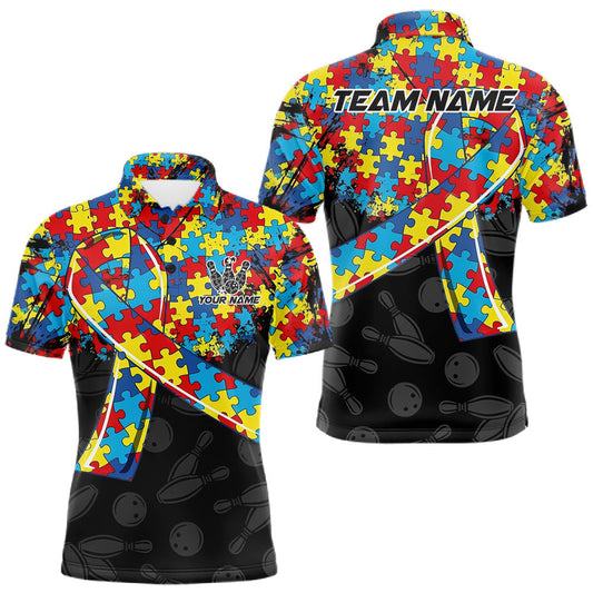 Maxcorners Personalized Colorful Autism Awareness Ribbon Bowling Shirt For Men