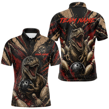 Maxcorners Funny Dinosaur Retro Bowling Polo 1/4-Zip Shirt For Men Custom Red Grunge Bowling Team Name Shirt LM0208