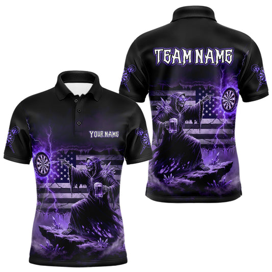 Maxcorners Custom Lightning Purple Grim Reaper Beer Funny Men Darts Polo Shirt US Flag Dart Jerseys LM2603