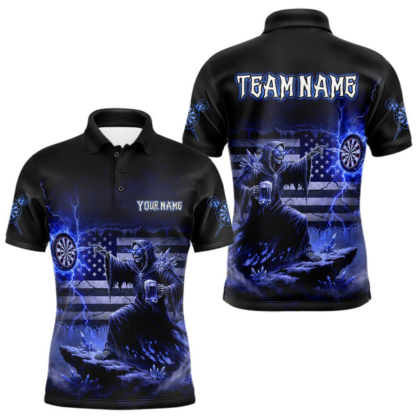Maxcorners Custom Lightning Blue Grim Reaper Beer Funny Men Darts Polo Shirt US Flag Dart Jerseys TU0411