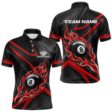 Maxcorners Fire Flame 8 Ball Billiard Team Shirt For Men Custom Black And Red Pool Billiard Team Jersey LM0208