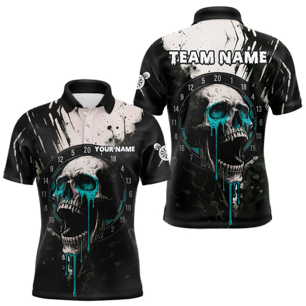Maxcorners Custom Black Turquoise Dripping Skull Dartboard Dart Men Polo Shirt Grunge Dart Jerseys LM0910