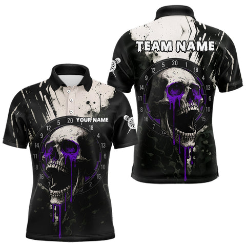 Maxcorners Custom Black & Purple Dripping Skull Dartboard Dart Men Polo Shirt Grunge Dart Jerseys LM0910