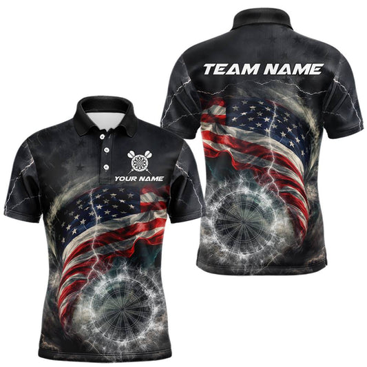 Maxcorners Custom American Flag Tornado White Thunder Darts Men Polo & 1/4-Zip Shirts Dart Team Jerseys LM0503