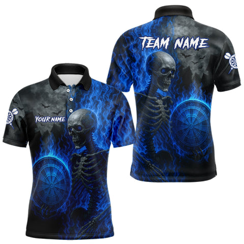 Maxcorners Custom Grey And Blue Flames Dartboard Skeleton Dart Men Polo Shirt Dart Team Jerseys MT1110