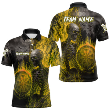Maxcorners Custom Grey And Yellow Flames Dartboard Skeleton Dart Men Polo Shirt Dart Team Jerseys LM0404