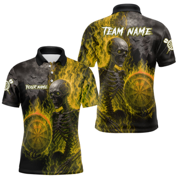 Maxcorners Custom Grey And Yellow Flames Dartboard Skeleton Dart Men Polo Shirt Dart Team Jerseys MT1110