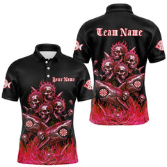 Maxcorners Custom Red Flames Shark And Skull 3D Men Darts Polo League Shirts Funny Dart Jerseys