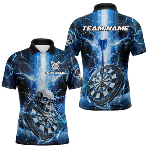 Maxcorners Custom Lightning Blue Skull Cracked Dartboard Dart Men Polo Jerseys Outfits Dart Shirt LM1610