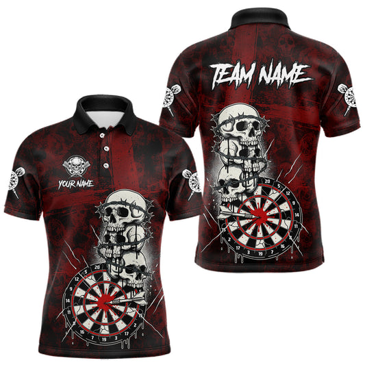 Maxcorners Custom Red Grunge Barbed Wire Grey Skull Dartboard Men Darts Polo Shirt Dart Jerseys