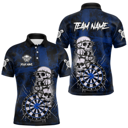 Maxcorners Custom Blue Grunge Barbed Wire Grey Skull Dartboard Men Darts Polo Shirt Dart Jerseys