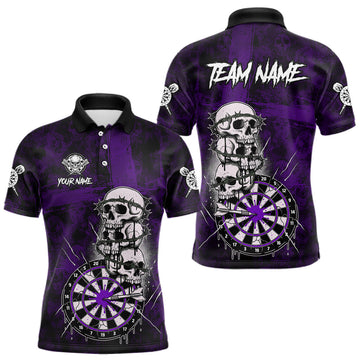 Maxcorners Custom Purple Grunge Barbed Wire Grey Skull Dartboard Men Darts Polo Shirt Dart Jerseys