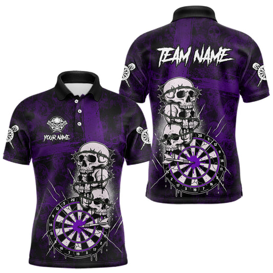 Maxcorners Custom Purple Grunge Barbed Wire Grey Skull Dartboard Men Darts Polo Shirt Dart Jerseys
