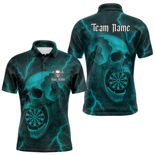 Maxcorners Custom Lightning Turquoise Grim Heaper Dartboard Men Dart Polo Shirt Skull Dart Team Jersey