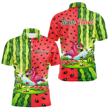 Maxcorners Funny Watermelon Polo Shirt Mens Golf Polo Shirts Custom Tropical Pattern Flamingo Golf Shirts