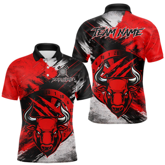 Maxcorners Custom Red Grunge Funny Bull Darts Polo & 1/4 Zip Shirt For Men Bull Darts Team Jerseys