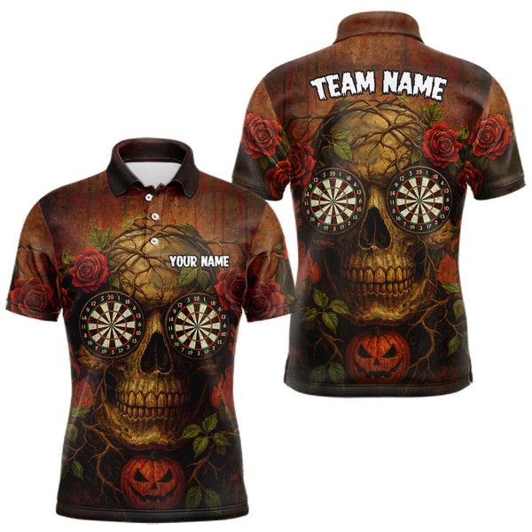 Maxcorners Custom Red Roses Skull Halloween Dart Polo Shirt For Men Grunge Dart Team Jersey LM1809