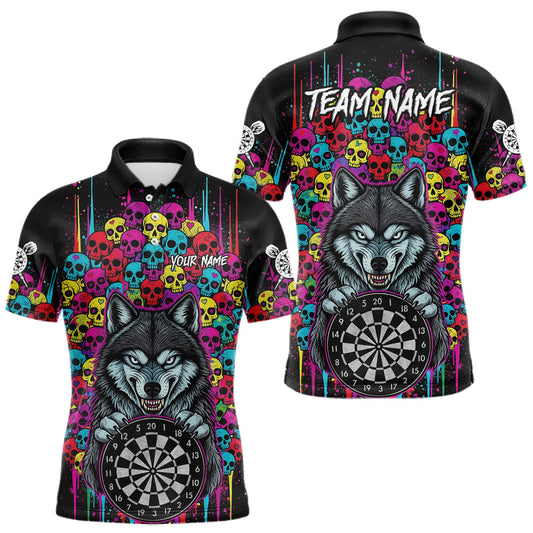 Maxcorners Multi-Color Skull Funny Wolf Dartboard Custom Darts Polo Shirt For Men Dart Team Gifts