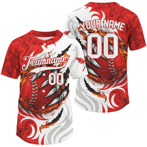 Maxcorners Custom White And Red Scracked Baseball Ball Shirt For Men Fire Flames Baseball Jerseys LM2509
