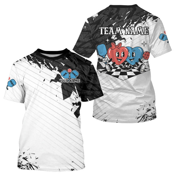 Maxcorners Custom Black & White Funny Heart Pickleball T-Shirt For Men Pickleball Couple Jerseys LM3010