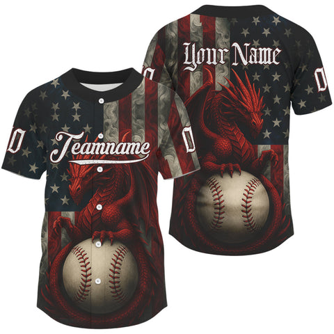 Maxcorners Custom Red Smoke Dragon Patriotic Baseball Shirt For Men US Flag Baseball Jerseys LM2509