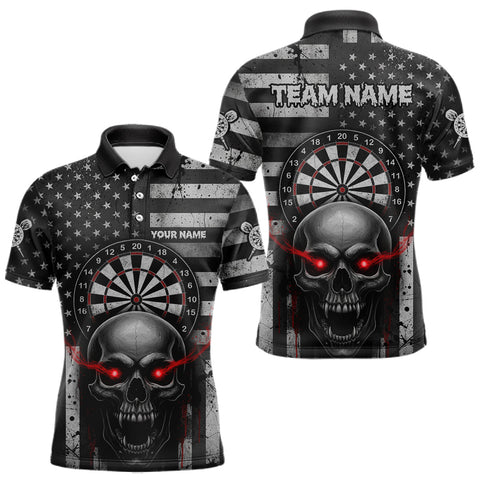 Maxcorners Grey American Flag Red Skull Custom Mens Polo Dart Shirt Grunge Patriotic Dart Jerseys LM3010