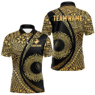 Maxcorners Black & Gold 8 Ball Crown Billiard Polo & 1/4 Zip Shirt For Men Custom Tribal Pool Team Jerseys