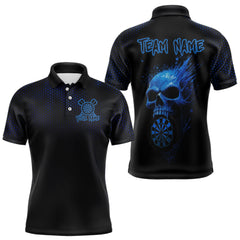 Maxcorners Custom Black And Blue Skull Dart Polo Shirt For Men Dartboard Skull Grunge Dart Jerseys LM2509
