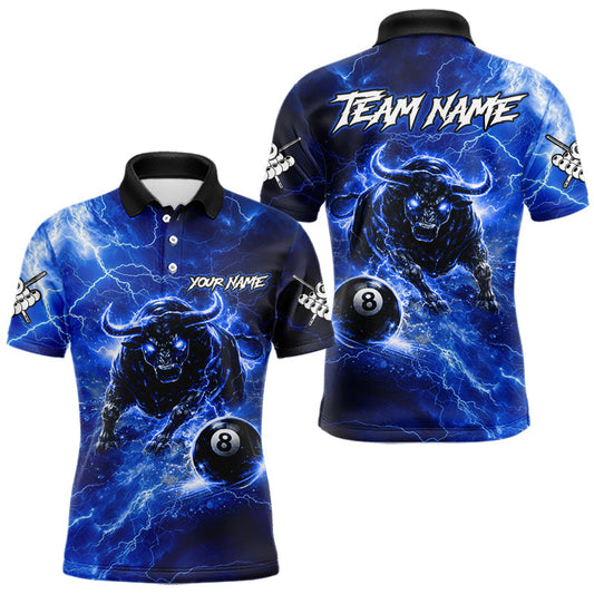 Maxcorners Thunder Lightning Blue Funny Bull 8 Ball Pool Men Billiard Shirt Custom Billiard Team Attire LM2602