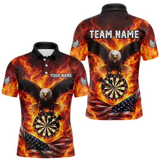Maxcorners Personalized Eagle US Flag Fire Flame Dartboard Men Darts Polo Shirt Custom Darts Team Jersey|Red