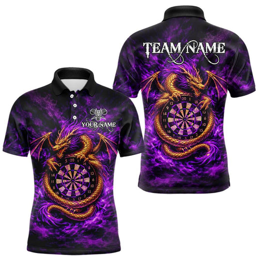 Maxcorners Gold Horror Dragon Hold Dartboard Men Darts Polo Shirt Custom Purple Grunge Darts Team Jersey LM2901